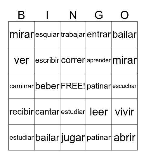 AR Verbs  Bingo Card