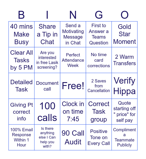 Patient Service March Bingo Goals Bingo Card