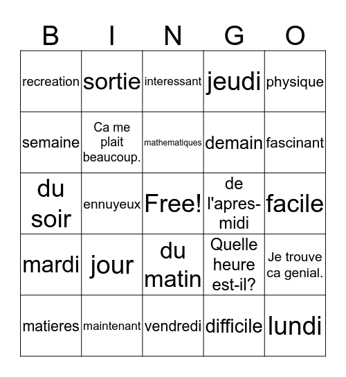 Francais I Chap. 4, Vocab. 1 Bingo Card