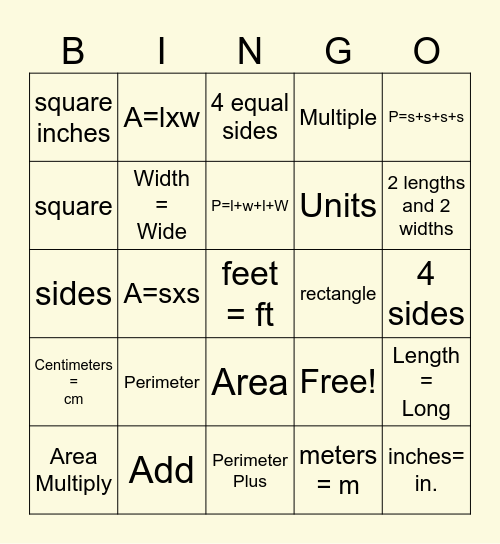 Perimeter and Area Bingo Card