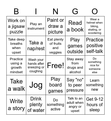 Healthy Choices Bingo Card