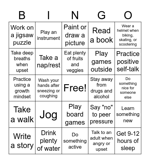 Healthy Choices Bingo Card