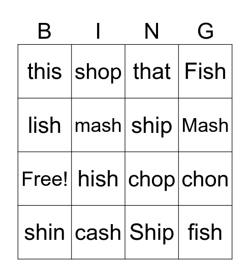 Digraph Bingo Card