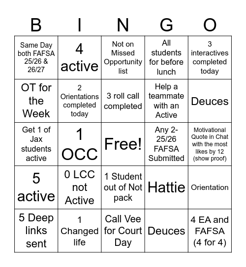 Start Week Bingo VIP Bingo Card