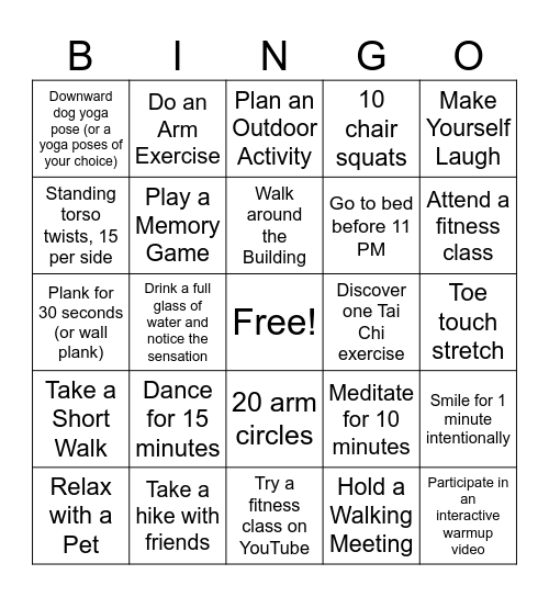 Fitness Bingo Card