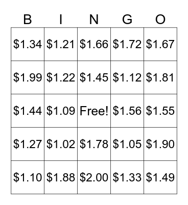 $1-$2 Money Bingo Card
