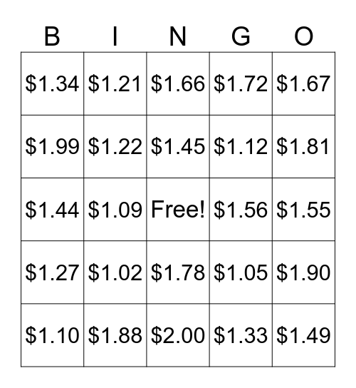 $1-$2 Money Bingo Card