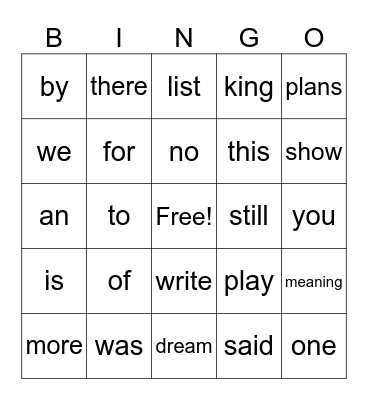 Sight Words Bingo Card