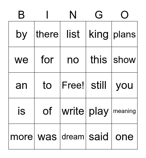 Sight Words Bingo Card