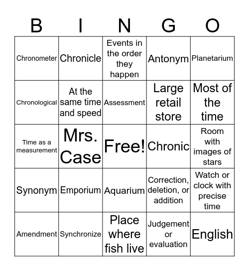 Lesson 11 vocabulary words Bingo Card