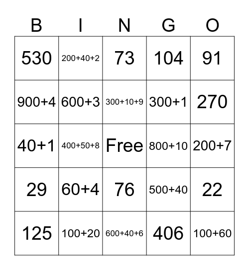 Place Value Bingo Card