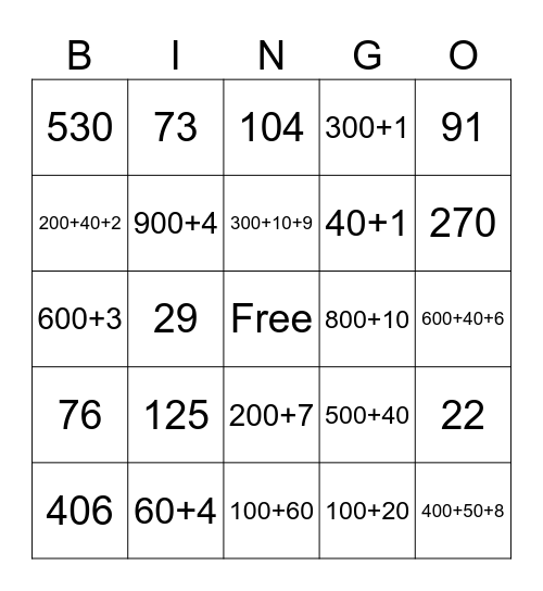 Place Value Bingo Card