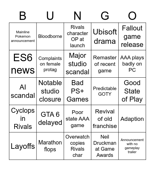 2026 Prediction Bingo Card