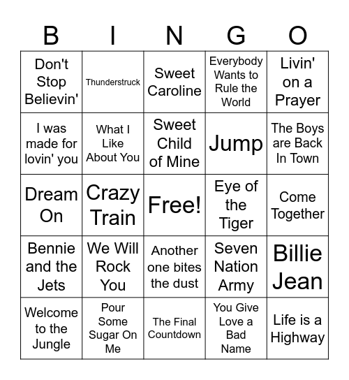 Rock Hits Bingo Card