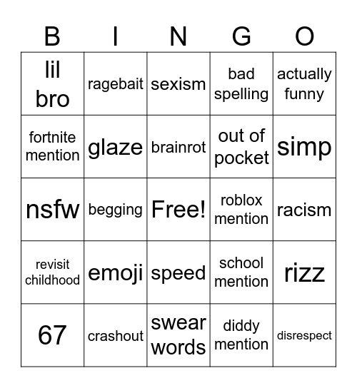 gen alpha kids bingo Card