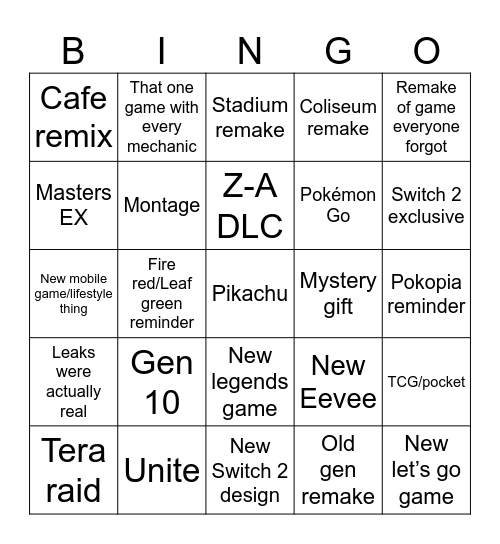 Pokémon Direct Bingo Card