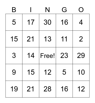 Numeros 0-30 Bingo Card