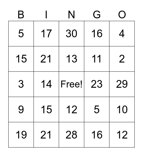 Numeros 0-30 Bingo Card