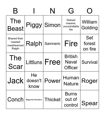 Lord of the Flies Bingo Card