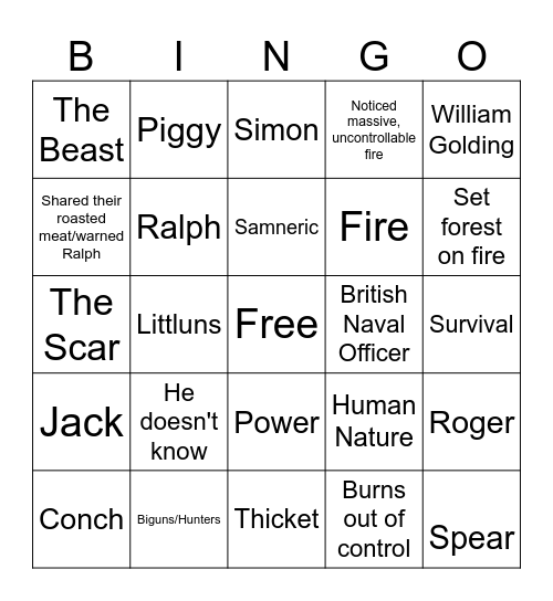 Lord of the Flies Bingo Card