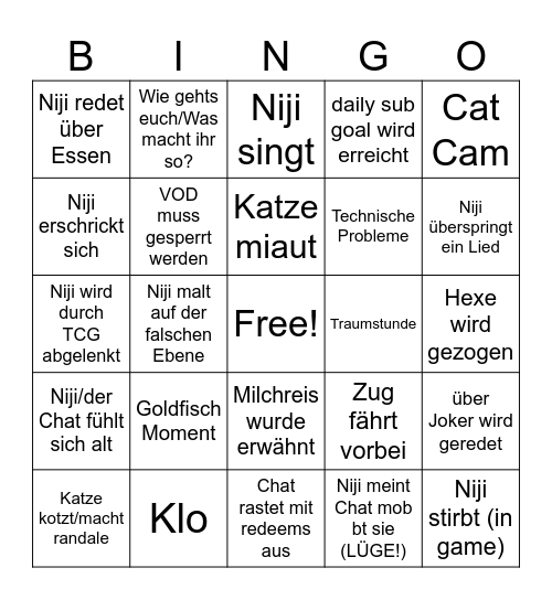 Niji Stream Bingo Card
