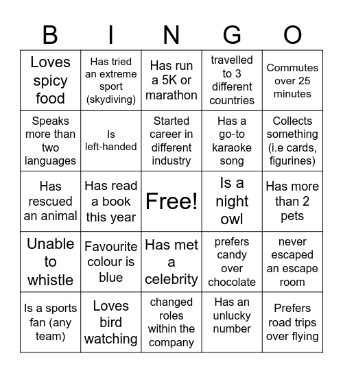 Get To Know You Bingo Card