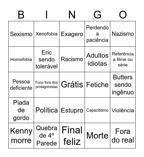 South Park Bingo Card