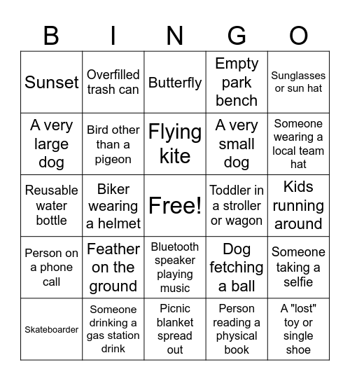 Date Night Park Bingo Card