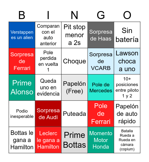 Bingo F1 2026 Weekend Bingo Card