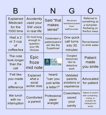 Social Work Month Bingo Card