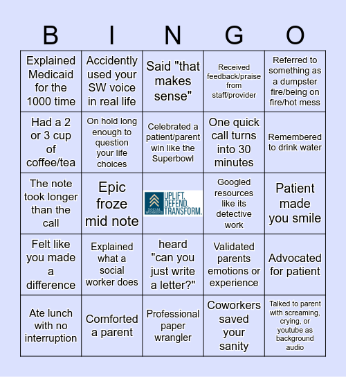 Social Work Month Bingo Card