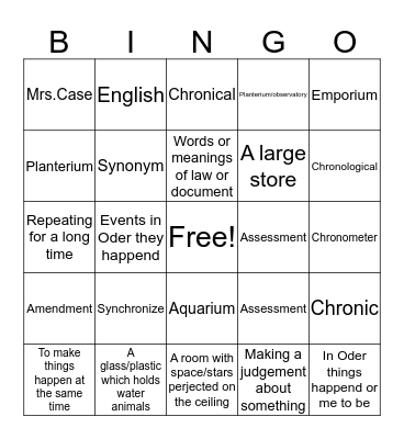 English Class Bingo Card