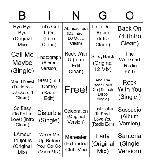 DJ bingo Card
