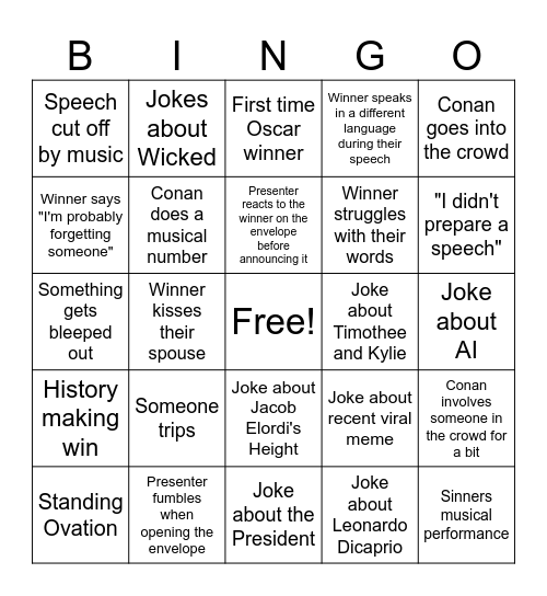 Academy Award Bingo Card