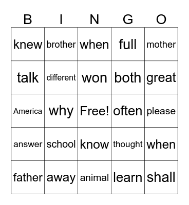 Heart Word Bingo Card