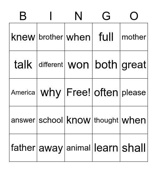 Heart Word Bingo Card