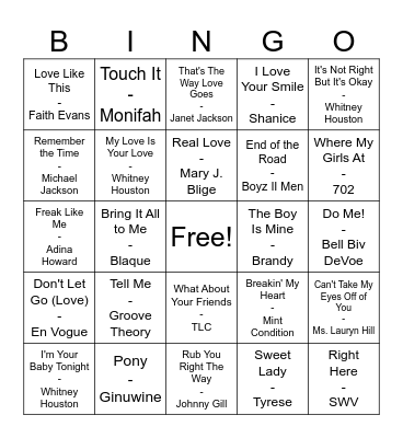 90's R&B Mix Bingo Card
