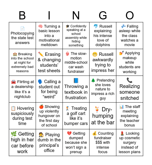 Bad Teacher (2011) Bingo Card