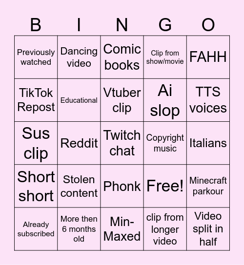 YT shorts bingo Card