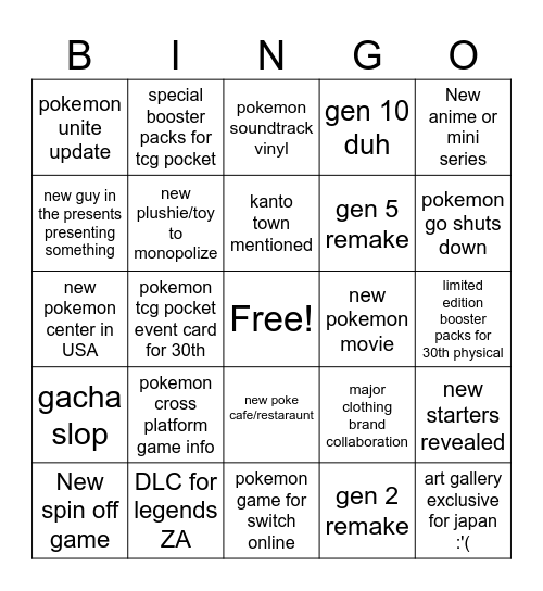 pokemon presents 2026 Bingo Card