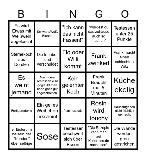 Rosins Restaurant Bingo Card