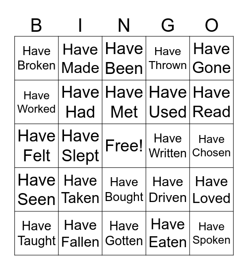 Past Participle Bingo Card