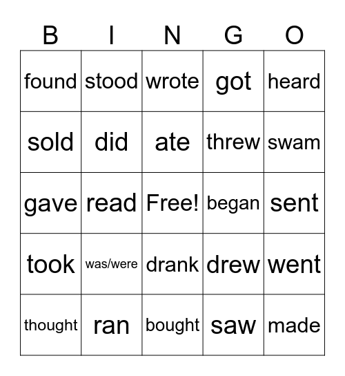 Irregular Verbs Bingo Card