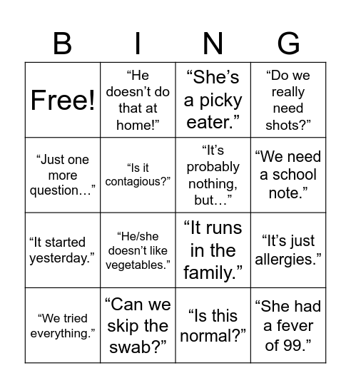 The World of Pediatrics Bingo Card