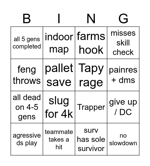 DBD Bingo Card