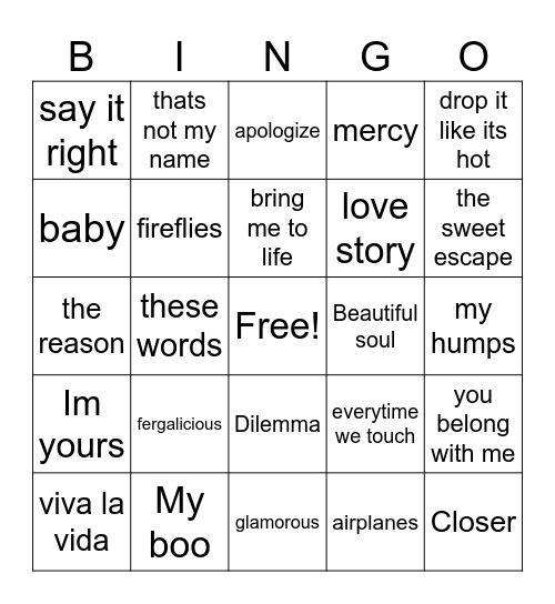 00's Bingo Card