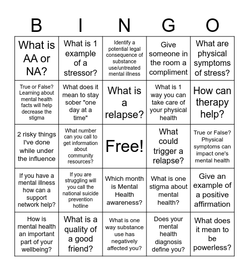 Mental Health Bingo Card