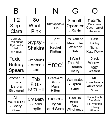 💅 Woman Artists Hits 🚺 Bingo Card