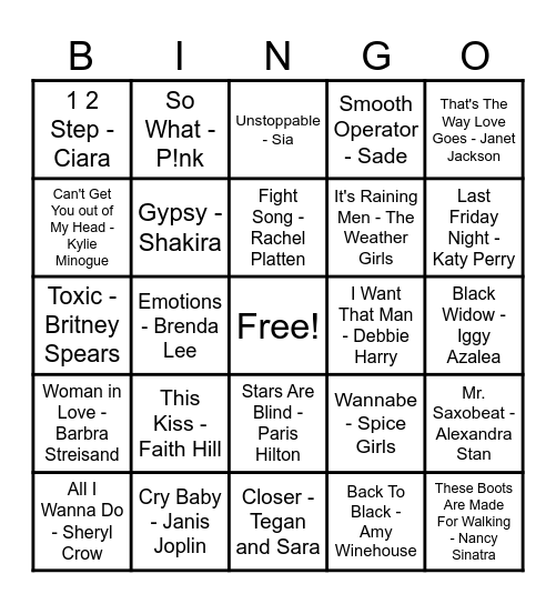 💅 Woman Artists Hits 🚺 Bingo Card
