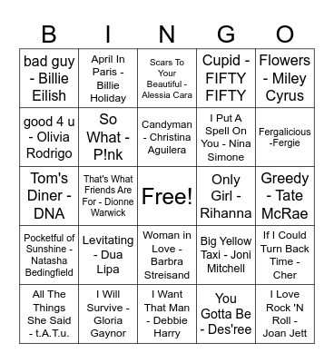💅 Women Artist Hits 🚺 Bingo Card